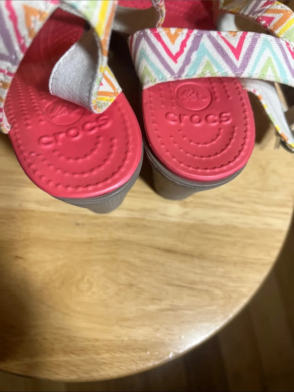CROCS Pink Wedge Sandals with Chevron Multi-Color Straps